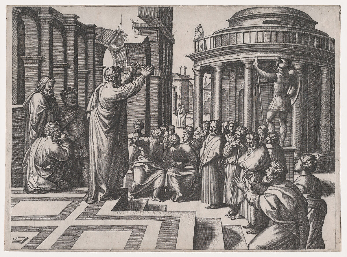 Saint Paul preaching in Athens, after Raphael, Marcantonio Raimondi (Italian, Argini (?) ca. 1480–before 1534 Bologna (?)), Engraving 