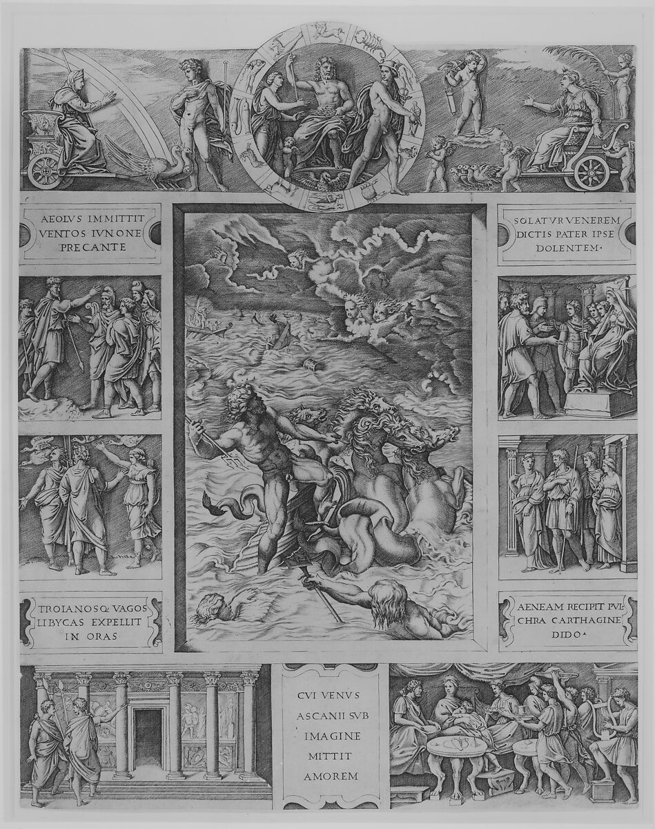 Neptune calming the tempest which Aeolus raised against Aeneas' fleet, from Book I of the Aeneid, Marcantonio Raimondi (Italian, Argini (?) ca. 1480–before 1534 Bologna (?)), Engraving