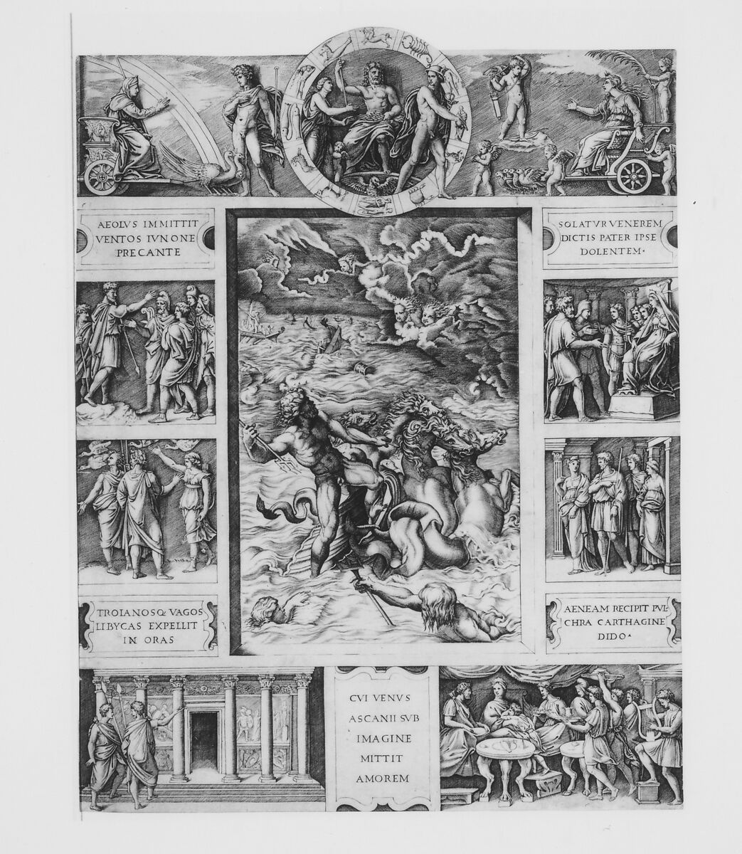 Neptune calming the tempest which Aeolus raised against Aeneas' fleet, from Book I of the Aeneid, Marcantonio Raimondi (Italian, Argini (?) ca. 1480–before 1534 Bologna (?)), Engraving