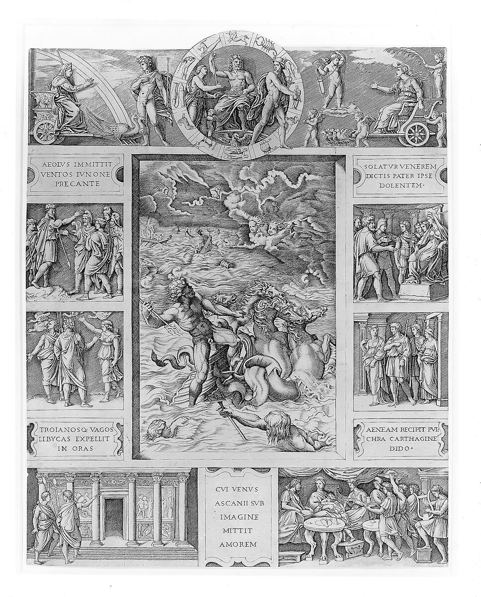 Neptune calming the tempest which Aeolus raised against Aeneas' fleet, from Book I of the Aeneid, Marcantonio Raimondi (Italian, Argini (?) ca. 1480–before 1534 Bologna (?)), Engraving