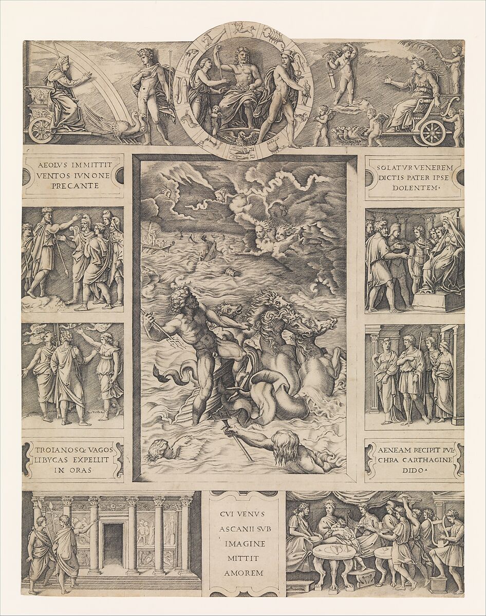 Neptune calming the tempest which Aeolus raised against Aeneas' fleet from Book I of the Aeneid, Marcantonio Raimondi  Italian, Engraving
