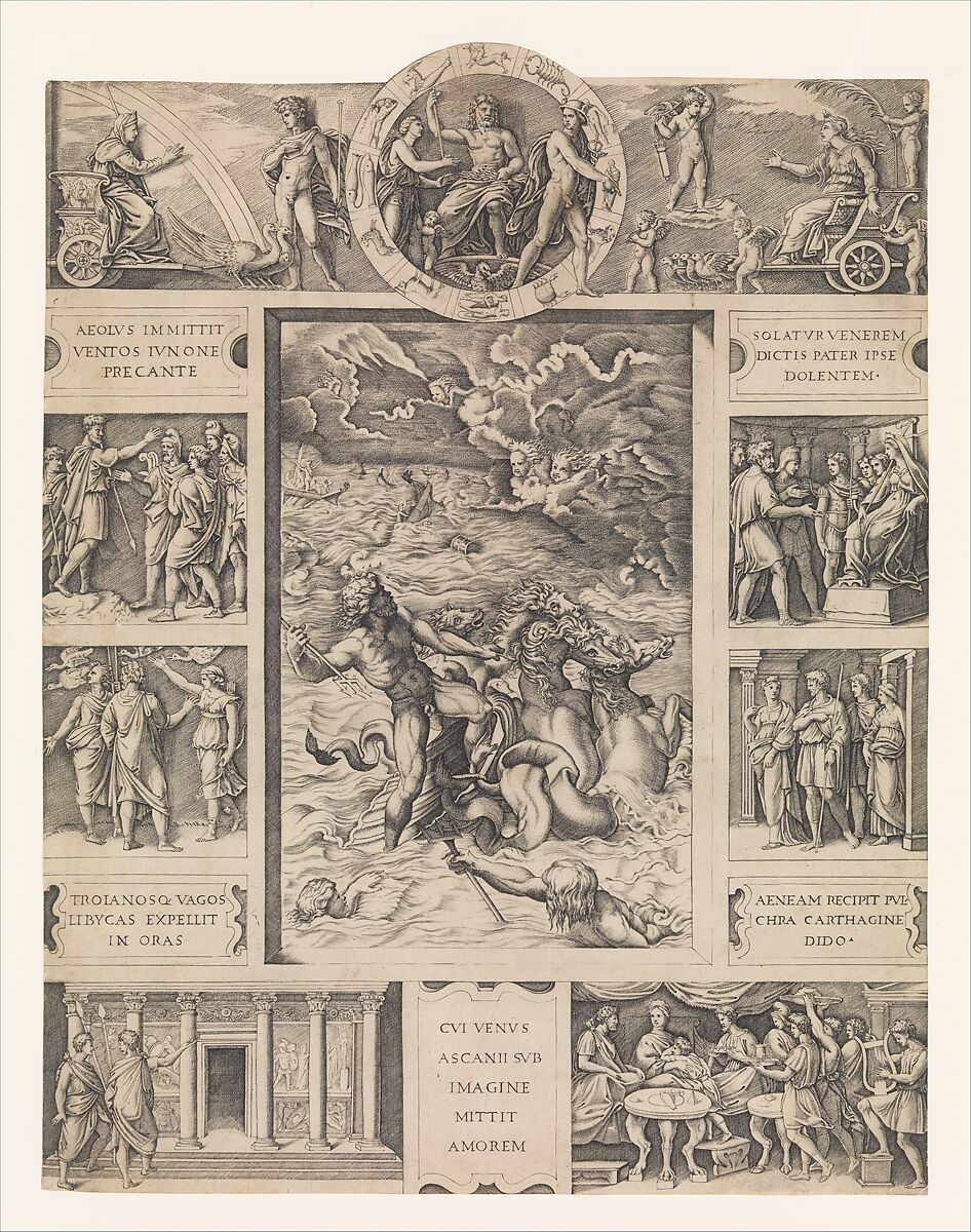 Neptune calming the tempest which Aeolus raised against Aeneas' fleet from Book I of the Aeneid, Marcantonio Raimondi (Italian, Argini (?) ca. 1480–before 1534 Bologna (?)), Engraving 