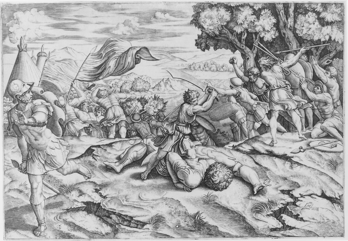 David raising sword to decapitate a fallen Goliath among battling soldiers, Marcantonio Raimondi (Italian, Argini (?) ca. 1480–before 1534 Bologna (?)), Engraving; first state of three 