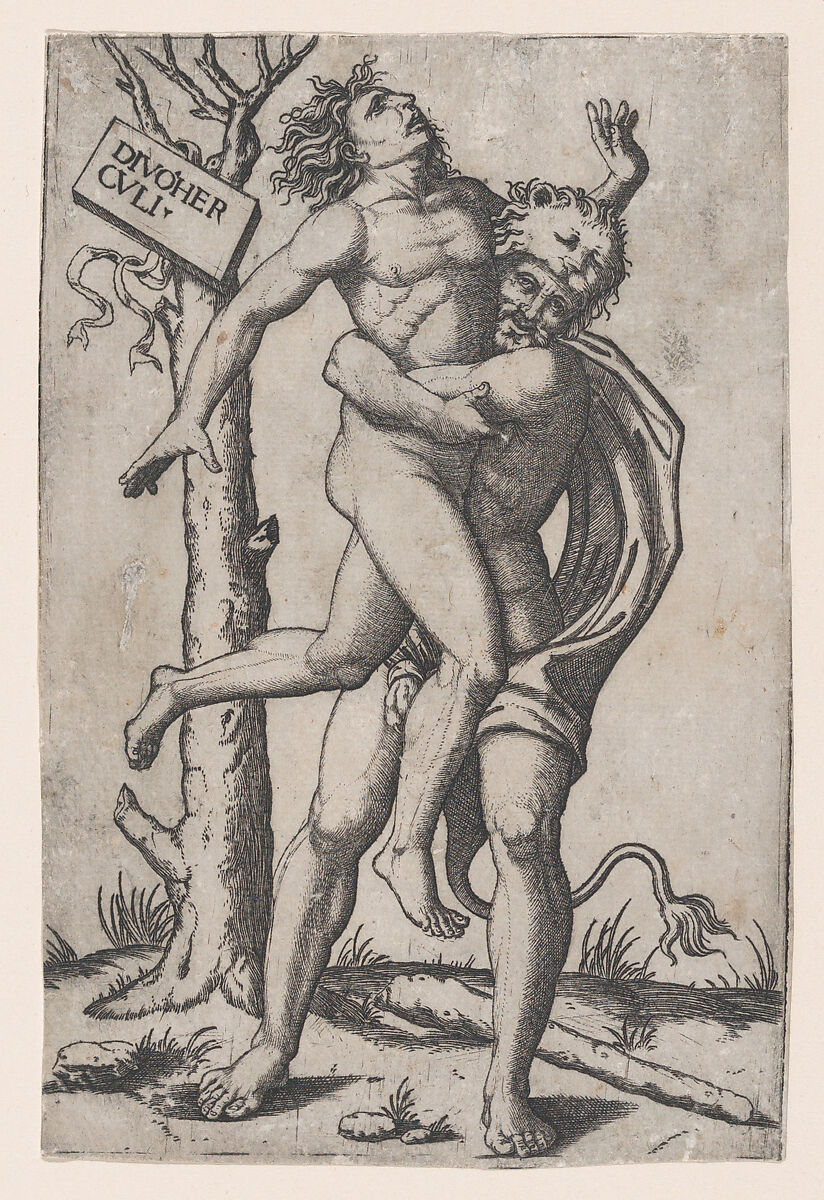 Hercules, grasping Antaeus at the waist with both arms and lifting him off his feet, in background at right the ruins of a temple, at left a group of trees against which are posed a club and the skin of a lion, School of Marcantonio Raimondi (Italian, Argini (?) ca. 1480–before 1534 Bologna (?)), Engraving; only state 