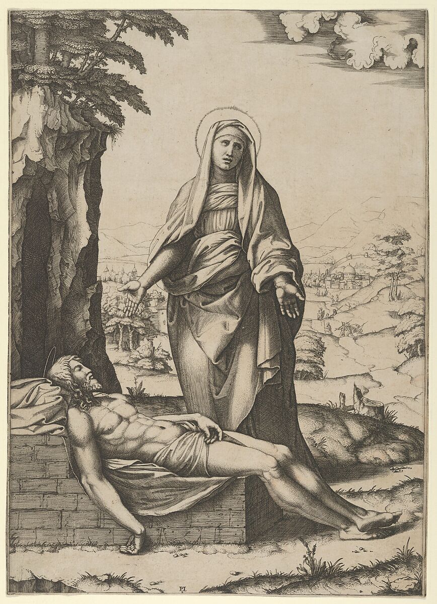 The Pietà: the Virgin standing over the dead Christ, her hands outspread, Marcantonio Raimondi (Italian, Argini (?) ca. 1480–before 1534 Bologna (?)), Engraving 