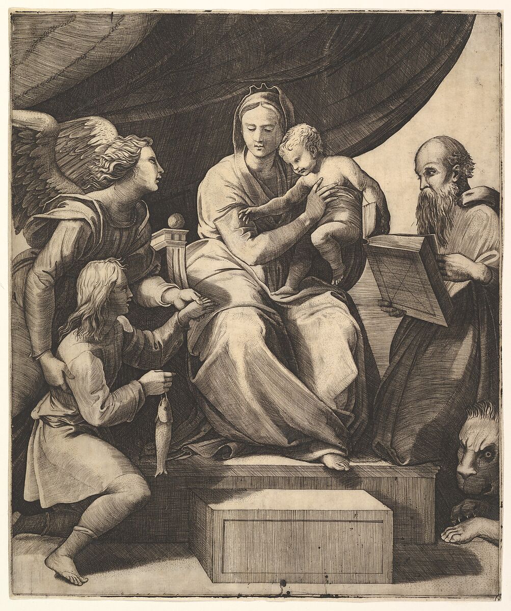 The Madonna with the Fish, School of Marcantonio Raimondi (Italian, Argini (?) ca. 1480–before 1534 Bologna (?)), Engraving 