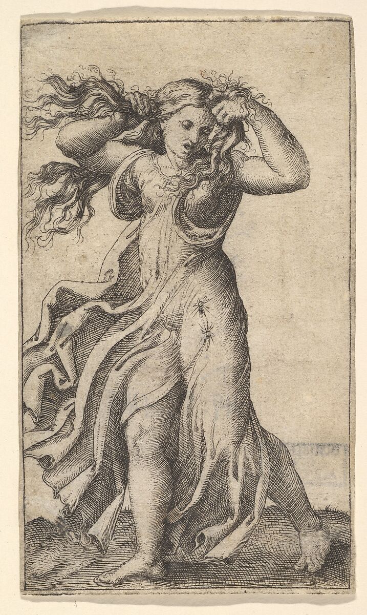 Woman pulling Her Hair, School of Marcantonio Raimondi (Italian, Argini (?) ca. 1480–before 1534 Bologna (?)), Engraving, drypoint, and etching (?) 