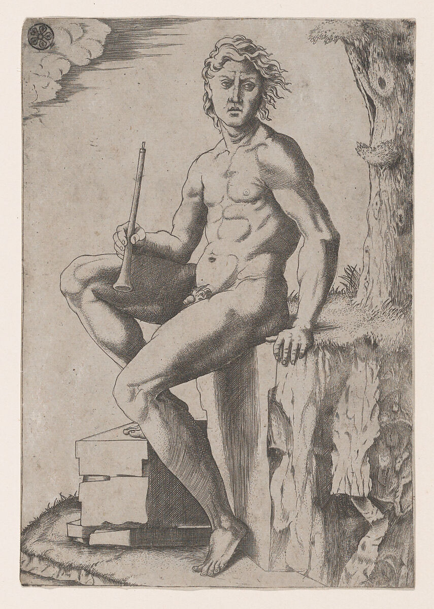 Seated Man Holding a Flute, School of Marcantonio Raimondi (Italian, Argini (?) ca. 1480–before 1534 Bologna (?)), Engraving 