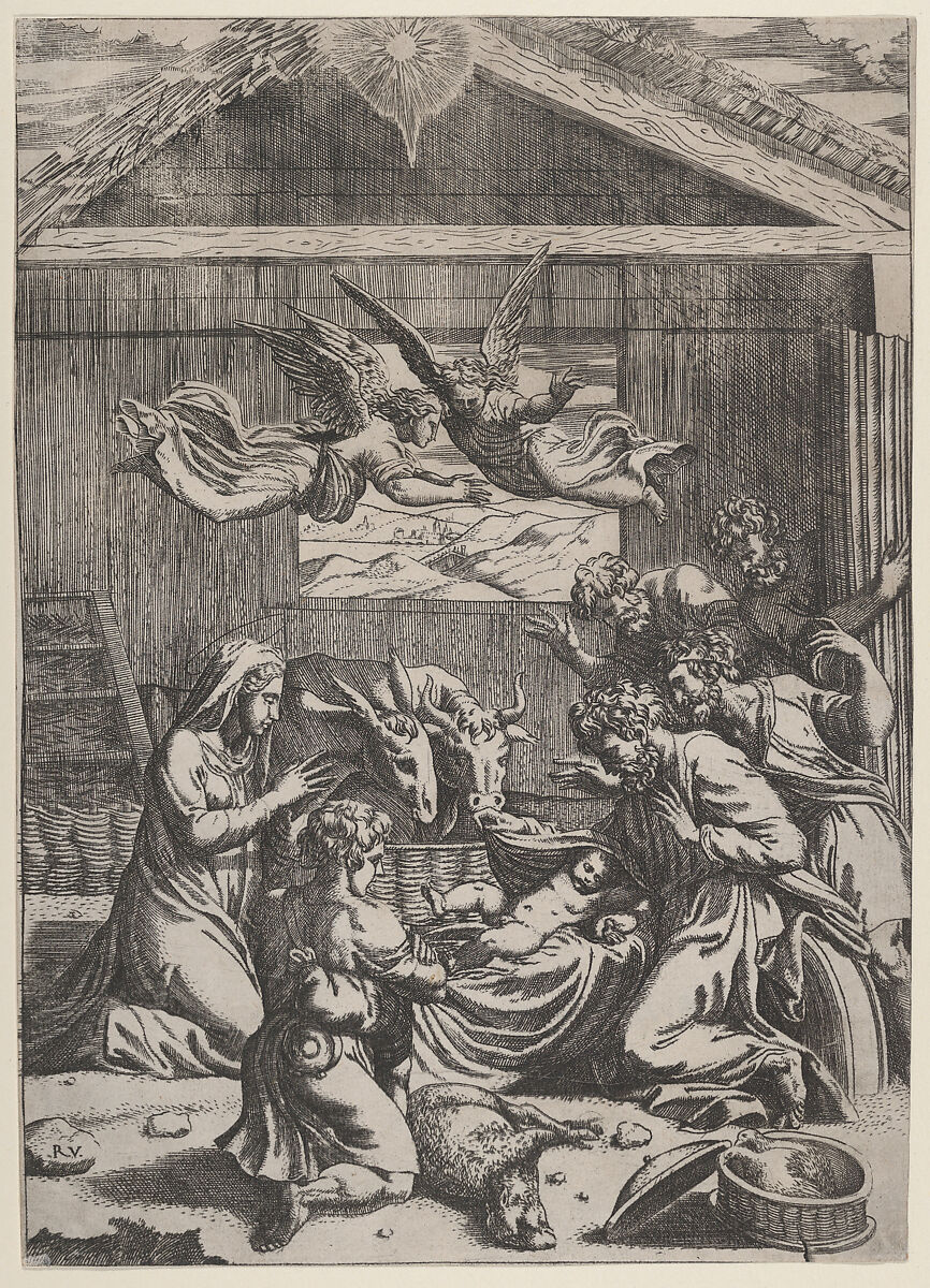 The Adoration of the Shepherds, School of Marcantonio Raimondi (Italian, Argini (?) ca. 1480–before 1534 Bologna (?)), Engraving 