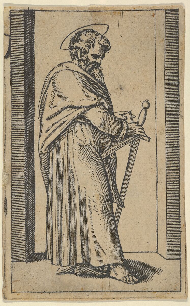 Saint Paul holding a book and a sword facing right, After Marcantonio Raimondi (Italian, Argini (?) ca. 1480–before 1534 Bologna (?)), Engraving 
