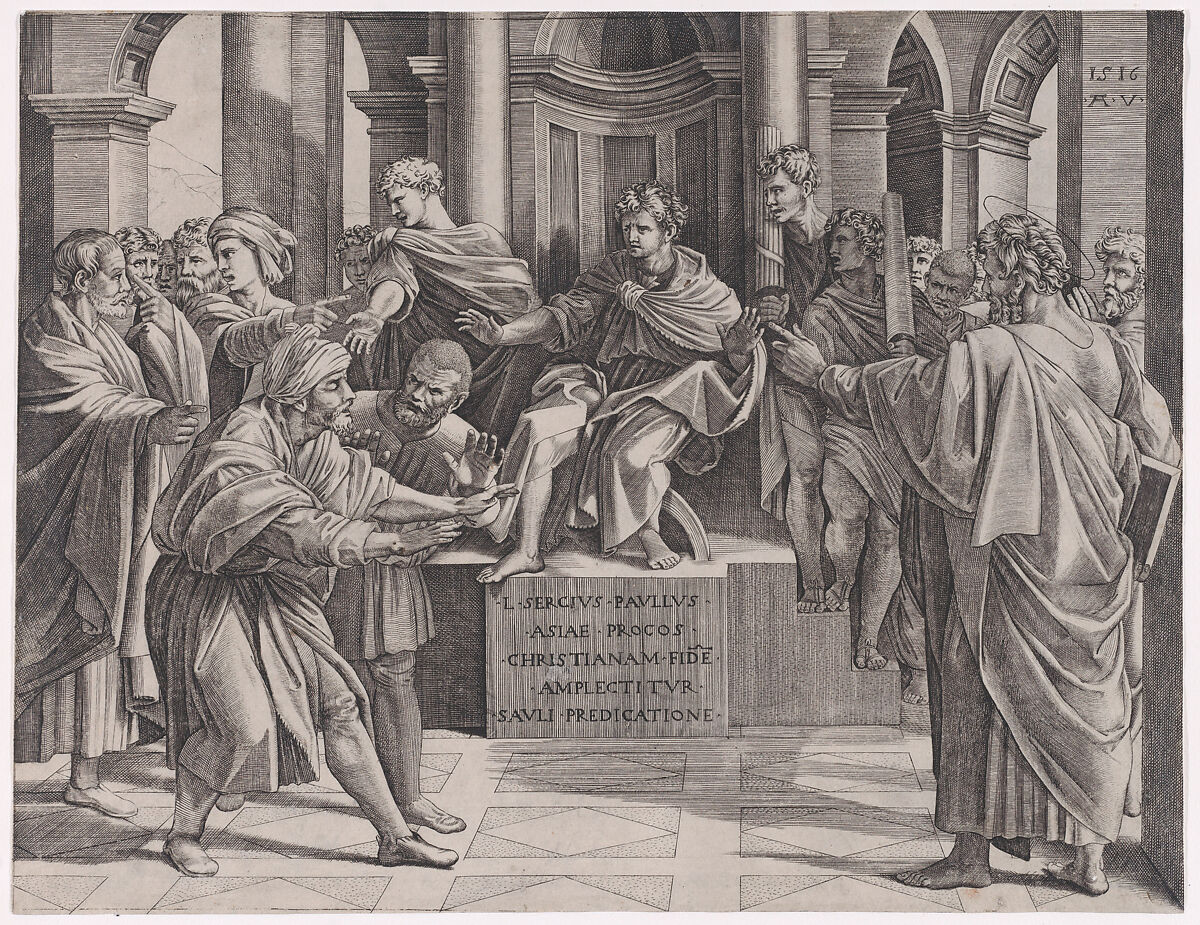 The Blinding of Elymas, Agostino Veneziano (Agostino dei Musi) (Italian, Venice ca. 1490–after 1536 Rome), Engraving 