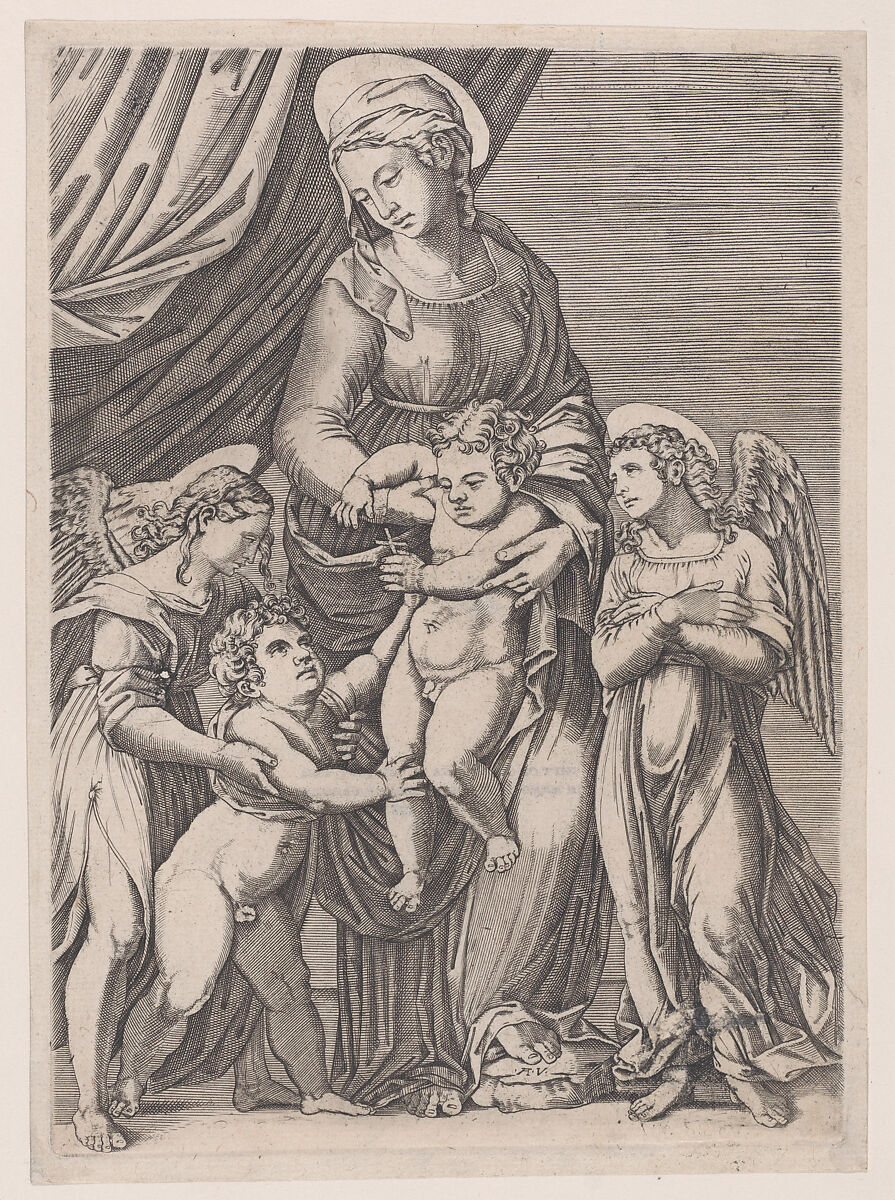 The Virgin, the Infant Christ, Infant Saint John, and Two Angels, Agostino Veneziano (Agostino dei Musi) (Italian, Venice ca. 1490–after 1536 Rome), Engraving 