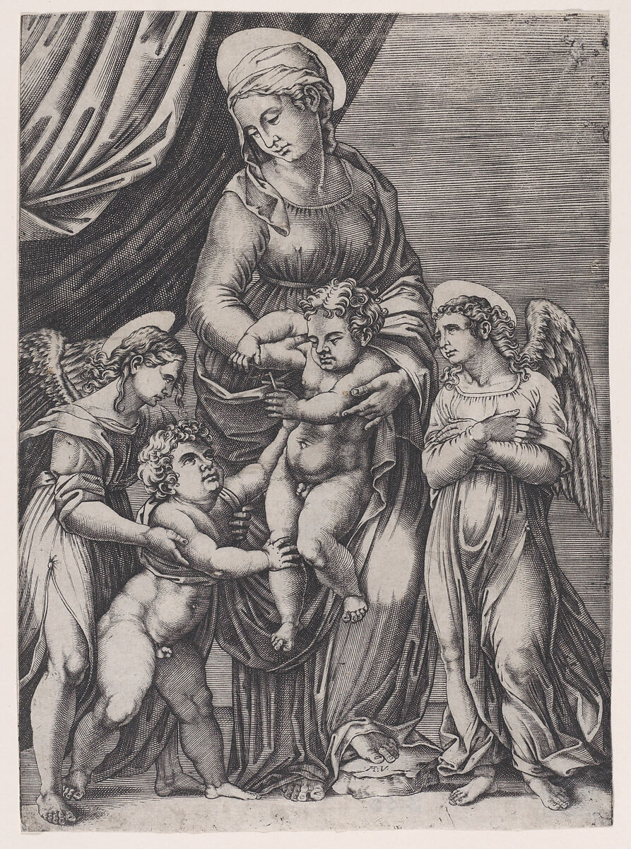 The Virgin, the Infant Christ, Infant Saint John, and Two Angels, Agostino Veneziano (Agostino dei Musi) (Italian, Venice ca. 1490–after 1536 Rome), Engraving 