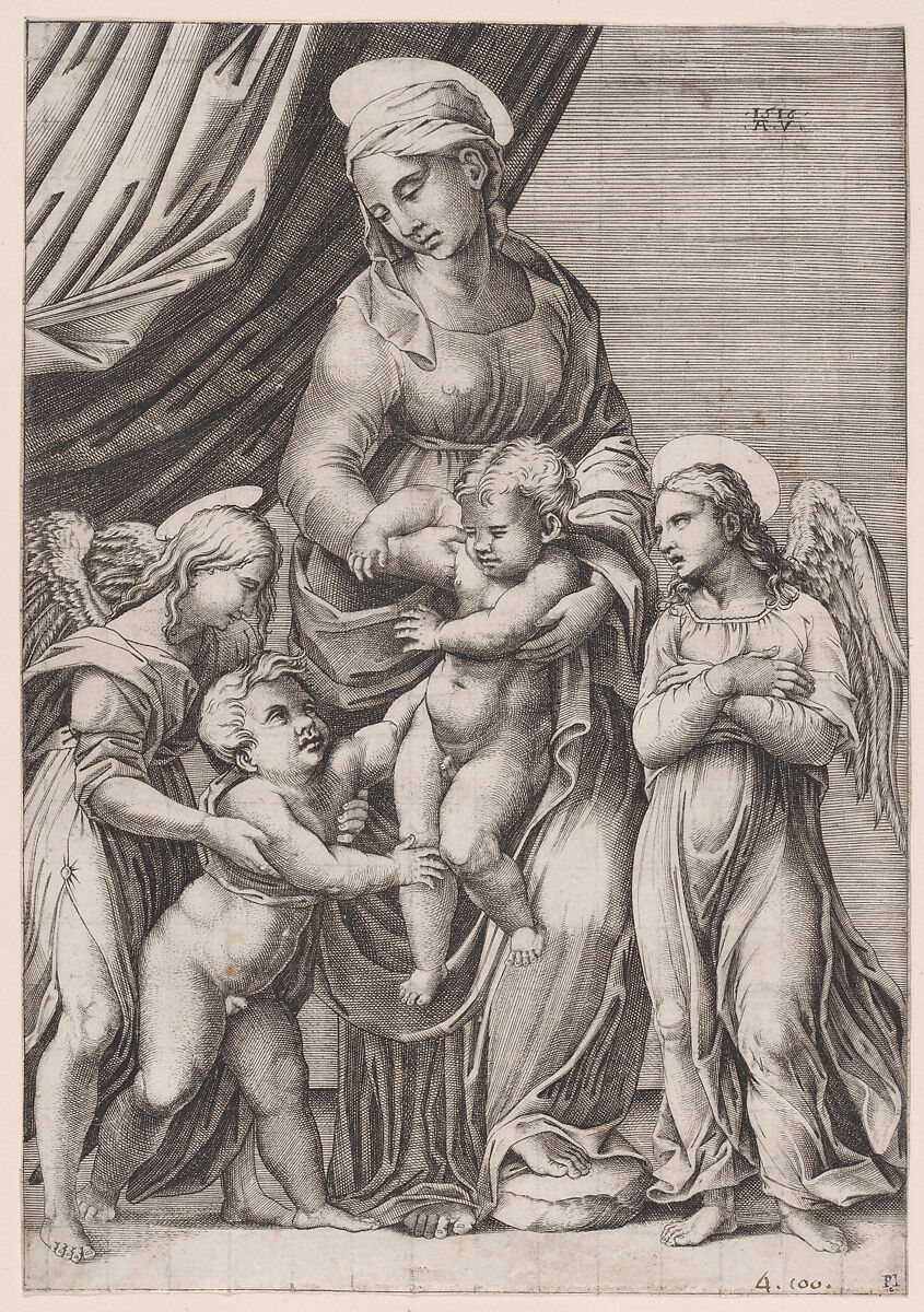 The Virgin, the Infant Christ, Infant Saint John, and Two Angels, Agostino Veneziano (Agostino dei Musi) (Italian, Venice ca. 1490–after 1536 Rome), Engraving 