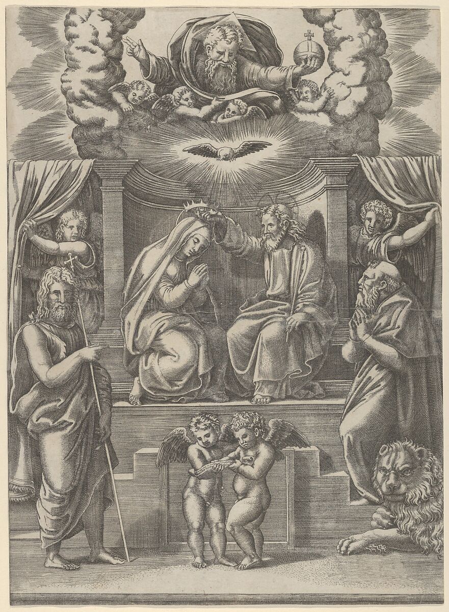 The coronation of the Virgin, God the Father above, St Jerome lower right and St John the Baptist lower left, Master of the Die (Italian, active Rome, ca. 1530–60), Engraving 