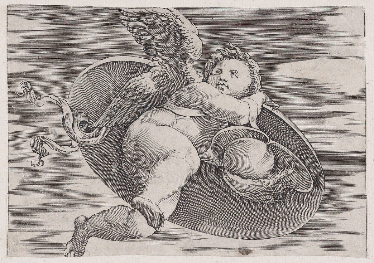 Eros Stealing Man's Shield, Agostino Veneziano (Agostino dei Musi) (Italian, Venice ca. 1490–after 1536 Rome), Engraving 