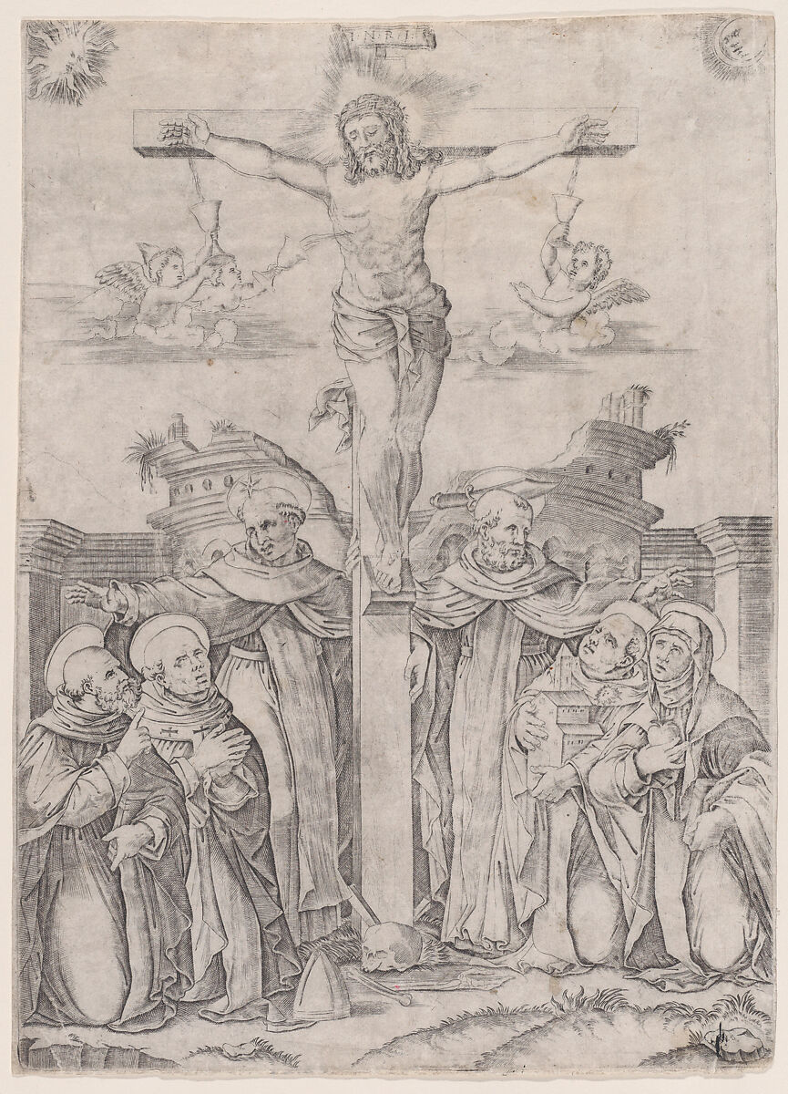 Saint Dominic and the Holy Saints of His Order with the Crucifix, Agostino Veneziano (Agostino dei Musi) (Italian, Venice ca. 1490–after 1536 Rome), Engraving 