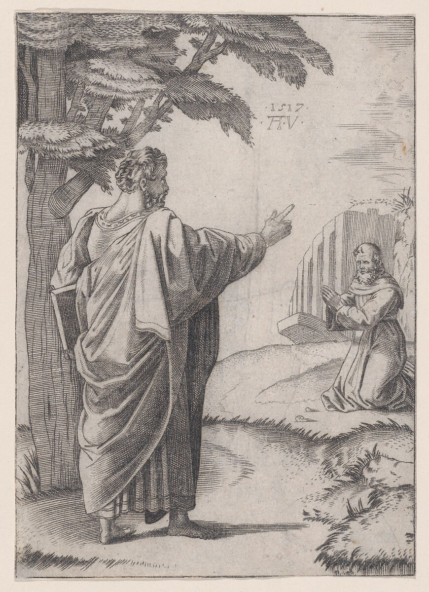 Saint Paul and the Franciscan Friar, Agostino Veneziano (Agostino dei Musi) (Italian, Venice ca. 1490–after 1536 Rome), Engraving 