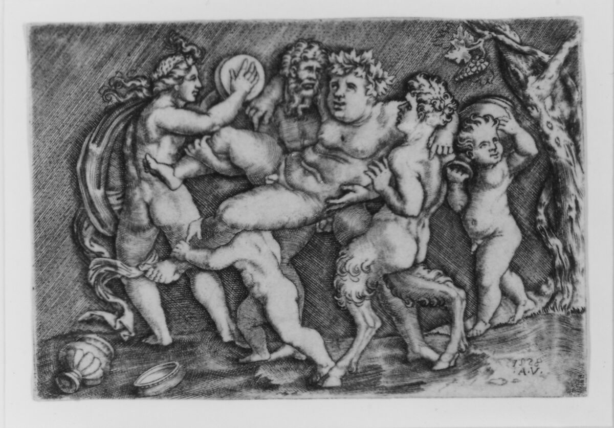 Bacchus Carried by Two Satyrs, Agostino Veneziano (Agostino dei Musi) (Italian, Venice ca. 1490–after 1536 Rome), Engraving 