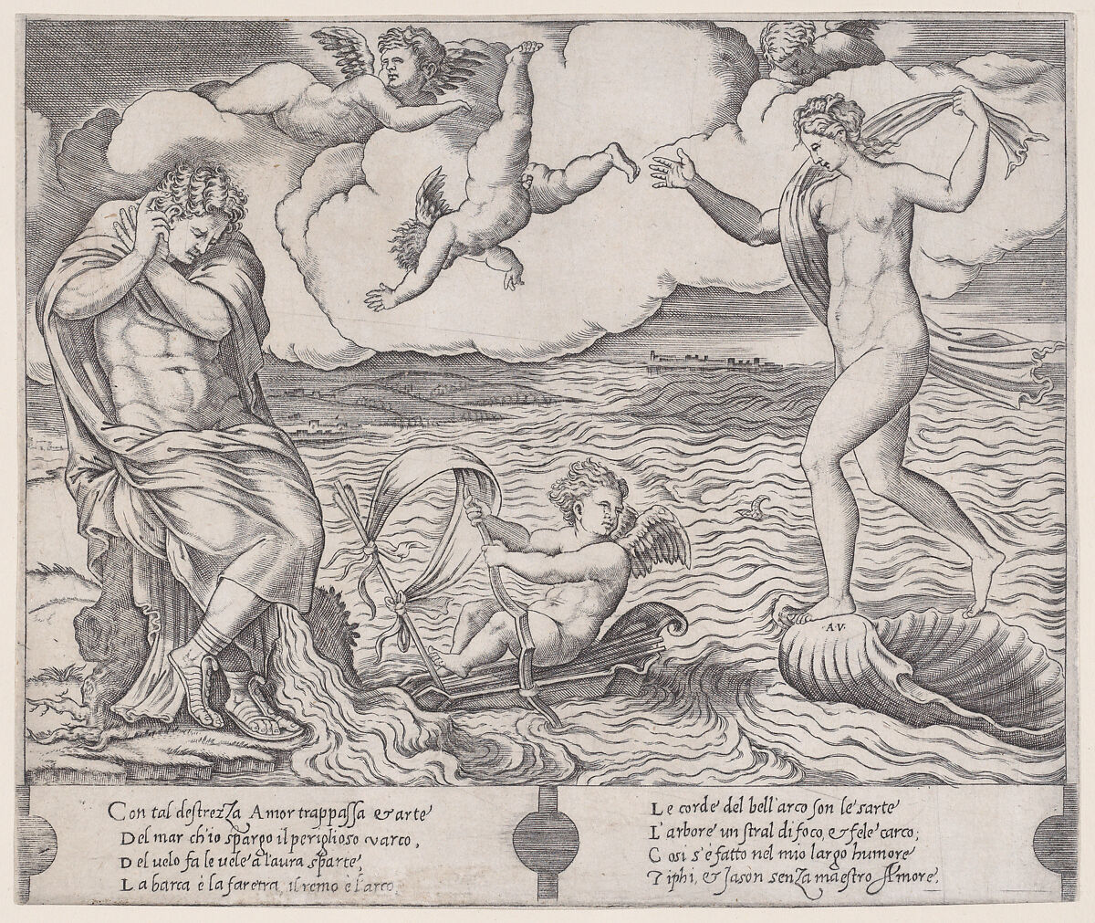 Eros in the Sea, Agostino Veneziano (Agostino dei Musi) (Italian, Venice ca. 1490–after 1536 Rome), Engraving 