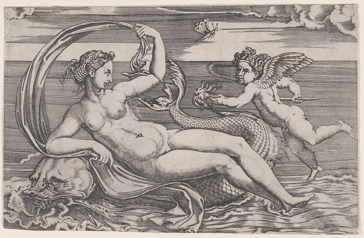 Venus Reclining on a Dolphin, Agostino Veneziano (Agostino dei Musi) (Italian, Venice ca. 1490–after 1536 Rome), Engraving 
