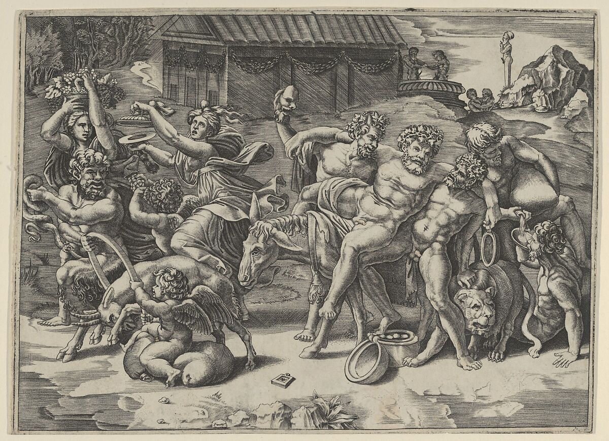 The procession of Silenus who is carried on an ass preceeded by a bacchant playing the cymbals and other figures, Agostino Veneziano (Agostino dei Musi) (Italian, Venice ca. 1490–after 1536 Rome), Engraving 