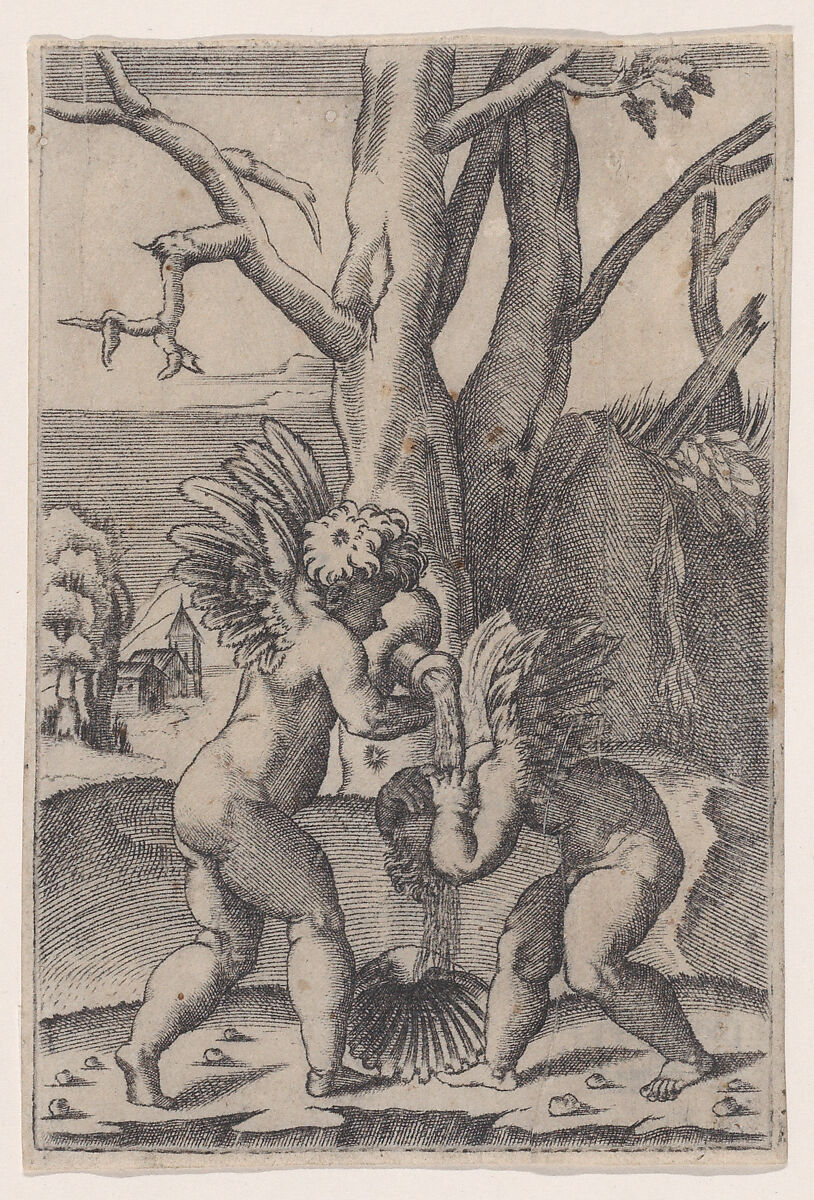 Two Cupids, Agostino Veneziano (Agostino dei Musi) (Italian, Venice ca. 1490–after 1536 Rome), Engraving 