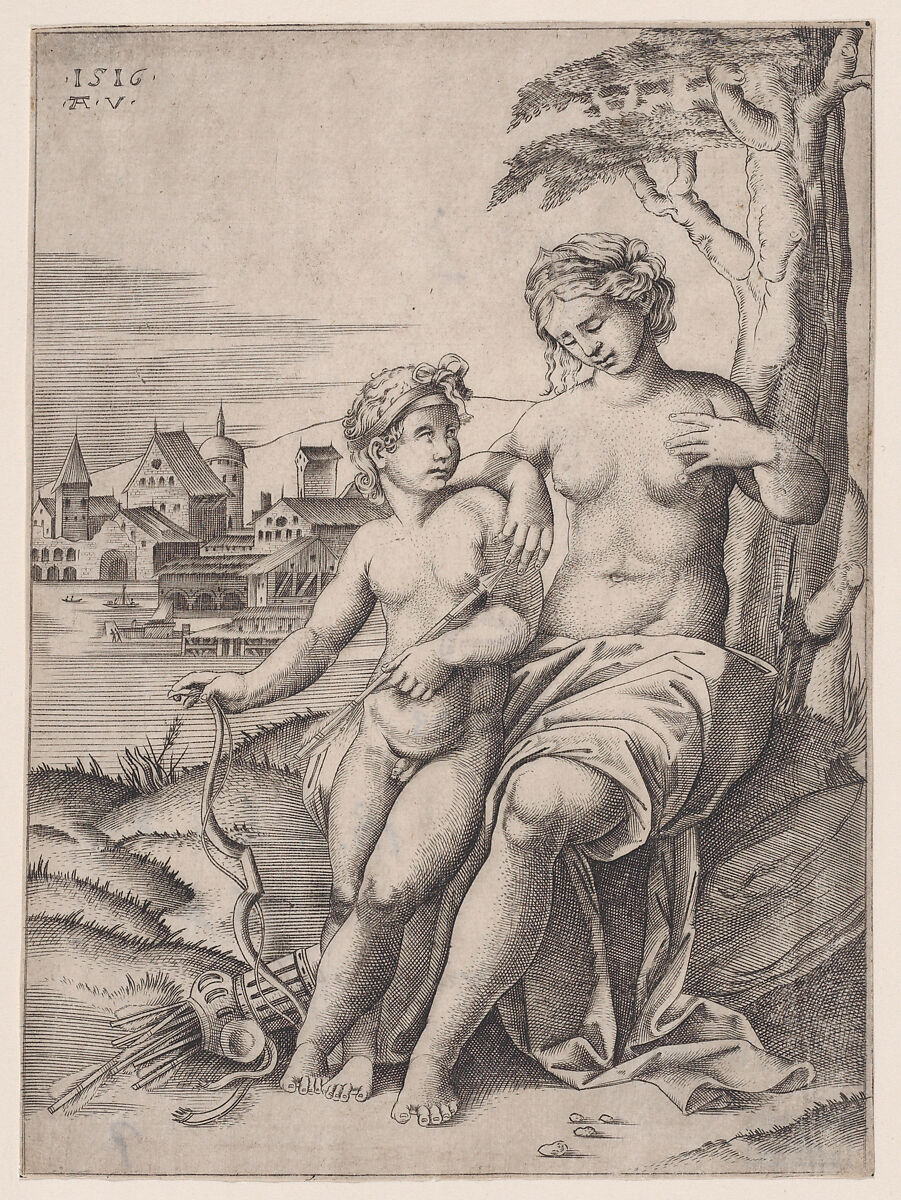 Venus and Eros, Agostino Veneziano (Agostino dei Musi) (Italian, Venice ca. 1490–after 1536 Rome), Engraving 