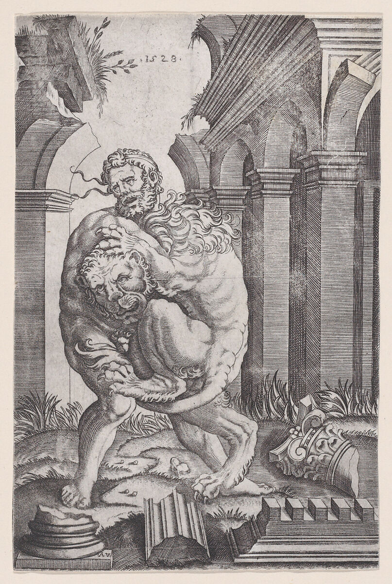 Hercules Strangling the Nemean Lion, Agostino Veneziano (Agostino dei Musi) (Italian, Venice ca. 1490–after 1536 Rome), Engraving 