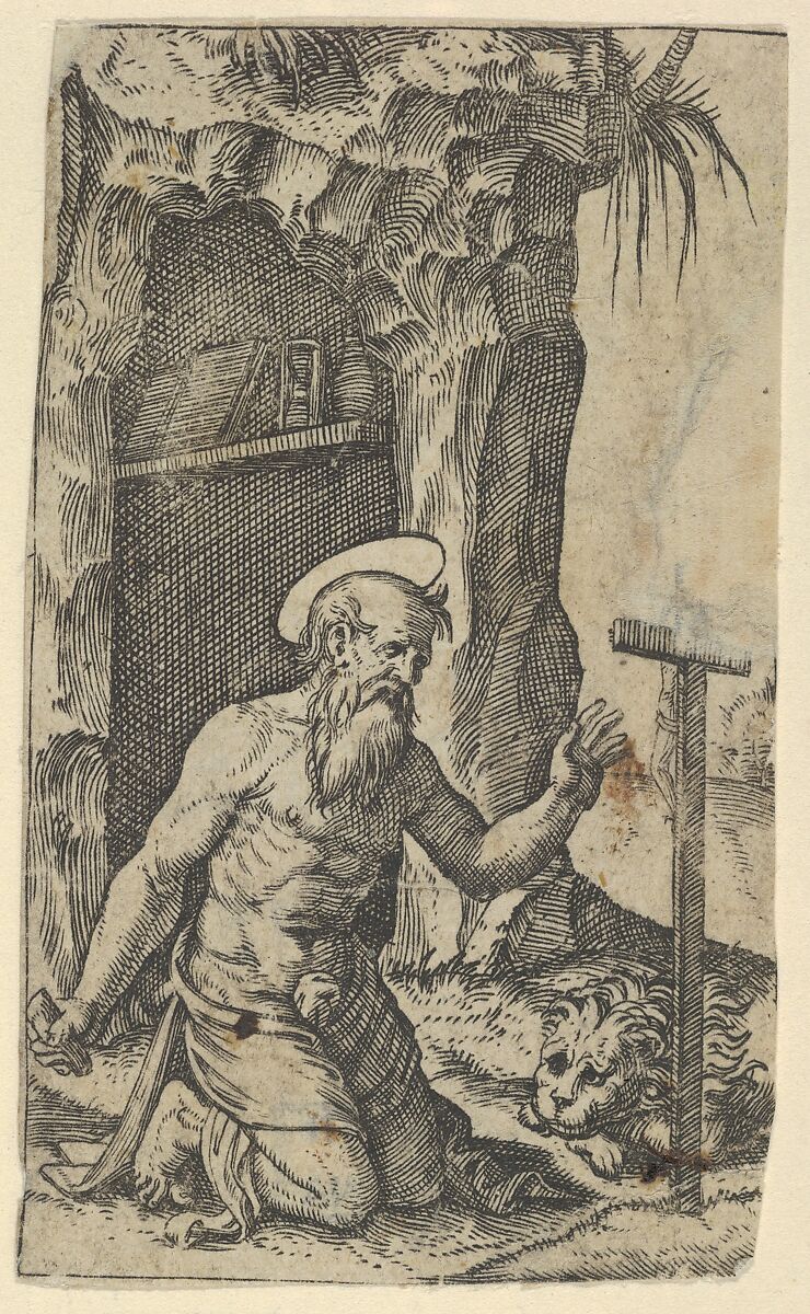 Saint Jerome kneeling before a crucifix, from "Piccoli Santi" (Small Saints), Marcantonio Raimondi (Italian, Argini (?) ca. 1480–before 1534 Bologna (?)), Engraving 