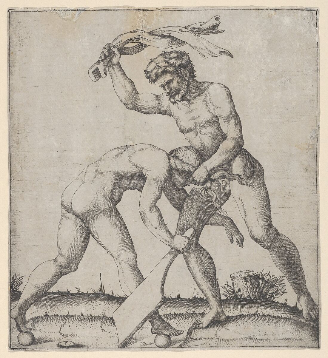 Marcantonio Raimondi  A naked man holding Fortune by the hair and