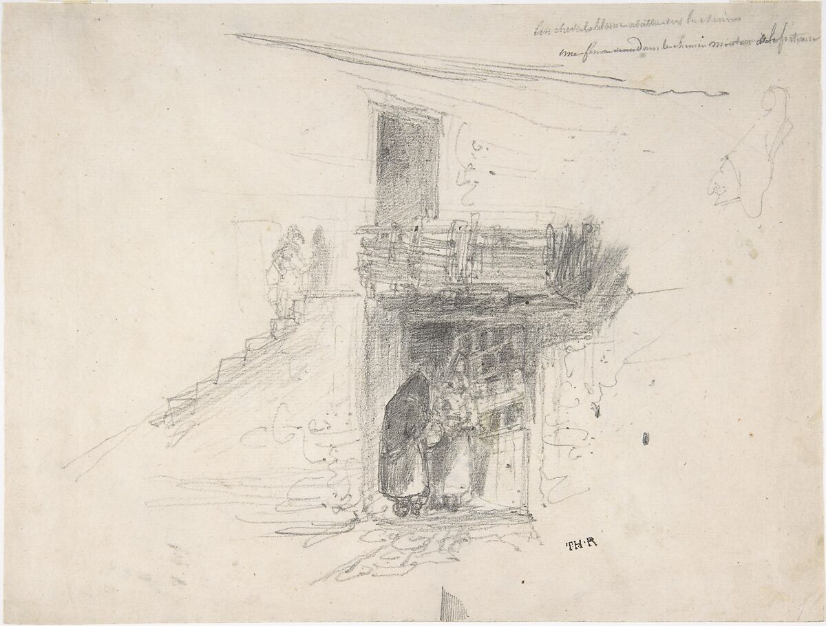 Two Women Talking in a Doorway, Théodore Rousseau (French, Paris 1812–1867 Barbizon), Graphite on laid paper 