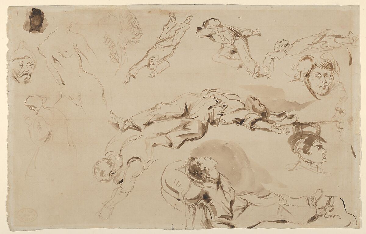 Figure Studies related to "Liberty Leading the People", Eugène Delacroix (French, Charenton-Saint-Maurice 1798–1863 Paris), Pen and brown ink, brush and brown wash 
