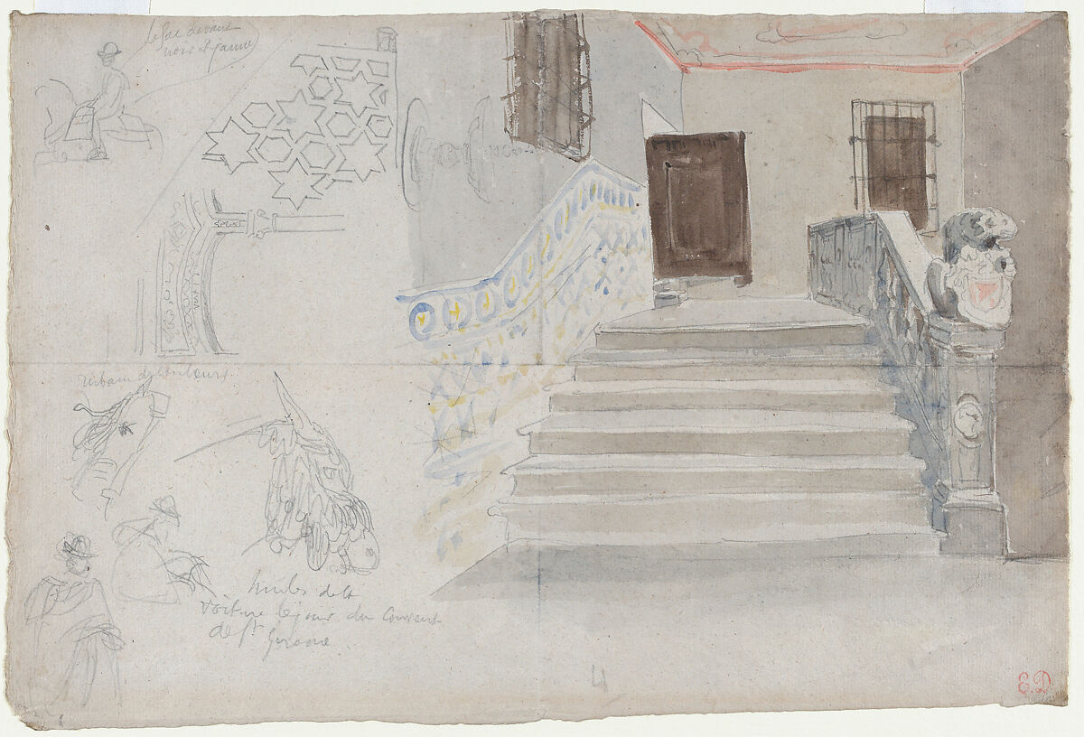 A Staircase in Seville, Eugène Delacroix (French, Charenton-Saint-Maurice 1798–1863 Paris), Watercolor over graphite