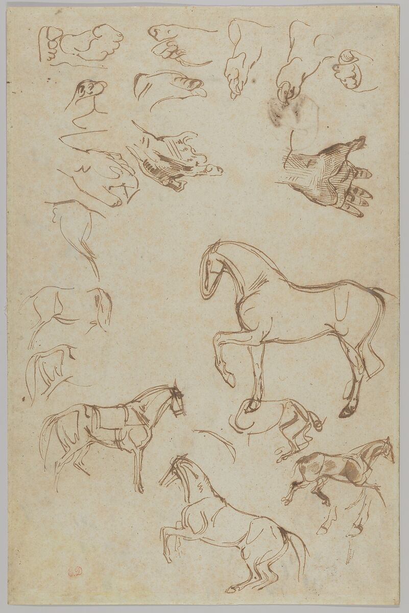 Studies of Horses, Hands, and Feet (recto); Studies of Heads and Figures (verso), Eugène Delacroix (French, Charenton-Saint-Maurice 1798–1863 Paris), Pen and brown and iron gall ink (recto); graphite, pen and iron gall ink, brush and brown wash (verso) on blue-green paper 