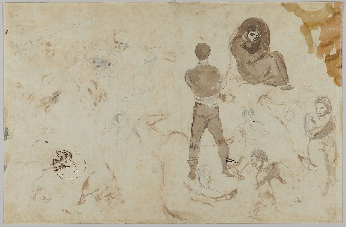 Studies of Horses, Hands, and Feet (recto); Studies of Heads and Figures (verso), Eugène Delacroix (French, Charenton-Saint-Maurice 1798–1863 Paris), Pen and brown and iron gall ink (recto); graphite, pen and iron gall ink, brush and brown wash (verso)