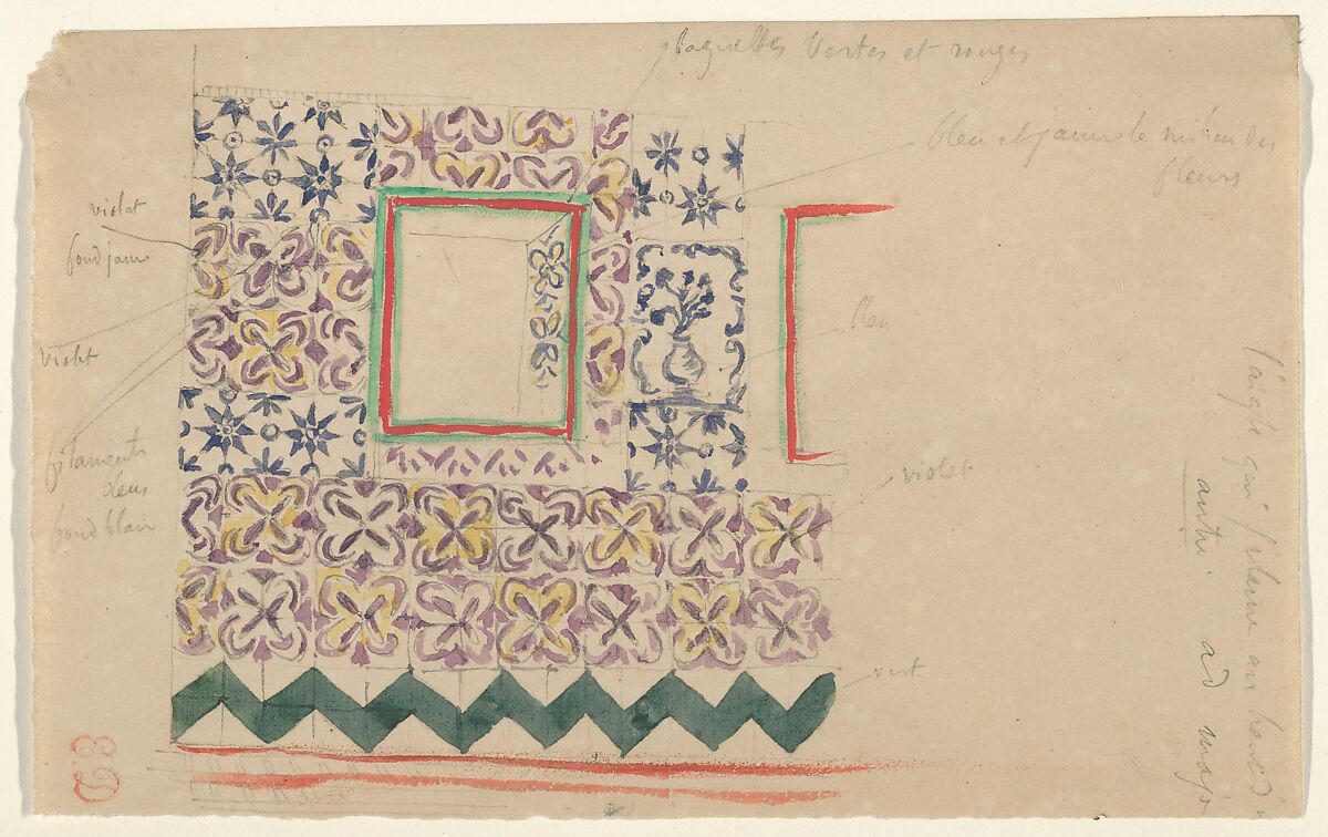 A Wall Decorated in Spanish Tiles, Eugène Delacroix (French, Charenton-Saint-Maurice 1798–1863 Paris), Watercolor over graphite 