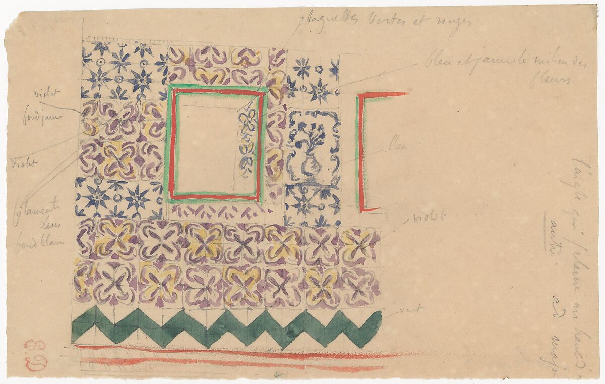 A Wall Decorated in Spanish Tiles, Eugène Delacroix (French, Charenton-Saint-Maurice 1798–1863 Paris), Watercolor over graphite