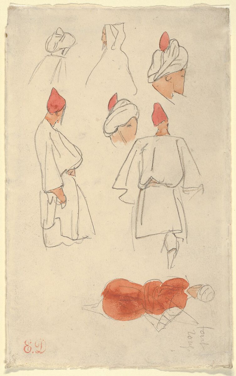 Seven Studies of Moroccan Men's Costume, Eugène Delacroix (French, Charenton-Saint-Maurice 1798–1863 Paris), Watercolor over graphite 