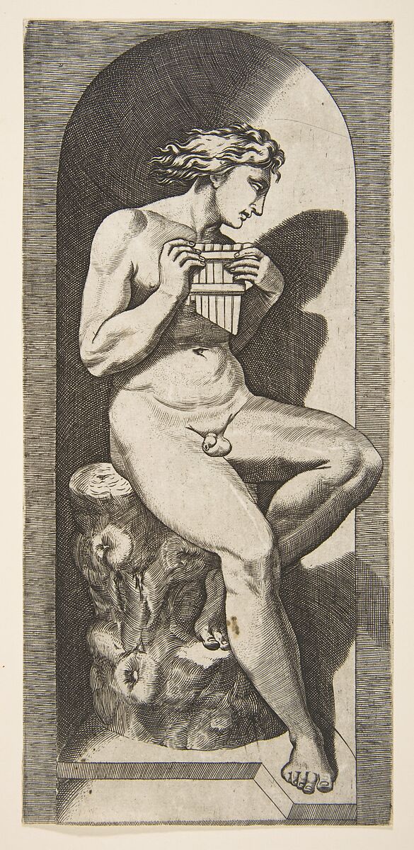 Olympus naked seated on a tree stump holding pipes, set within a niche, Marco Dente (Italian, Ravenna, active by 1515–died 1527 Rome), Engraving 