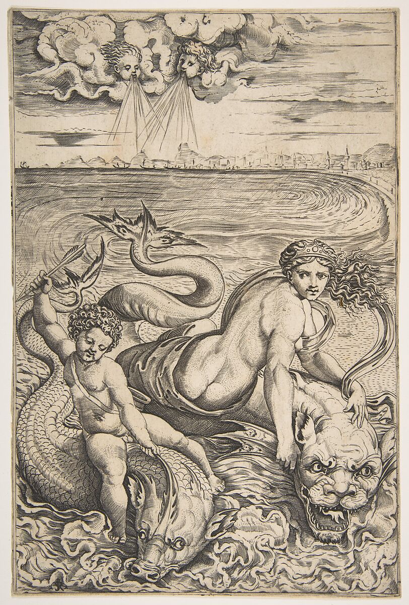 Venus and Cupid riding two sea creatures, Cupid raising an arrow with his right hand and two heads representing wind in the clouds above, Marco Dente (Italian, Ravenna, active by 1515–died 1527 Rome), Engraving 
