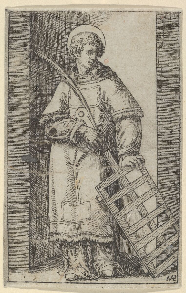 Saint Vincent, left hand resting on a grill, from "Piccoli Santi" (Small Saints), Marcantonio Raimondi (Italian, Argini (?) ca. 1480–before 1534 Bologna (?)), Etching completed with engraving 