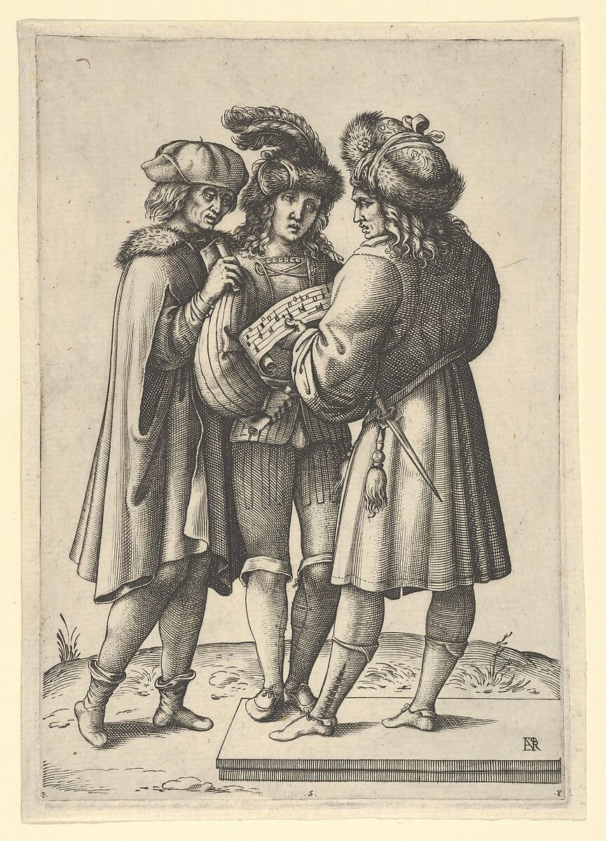 Three male singers standing together holding a sheet of music, Attributed to Luca Ciamberlano (Italian, active Rome, 1599–1641), Engraving 