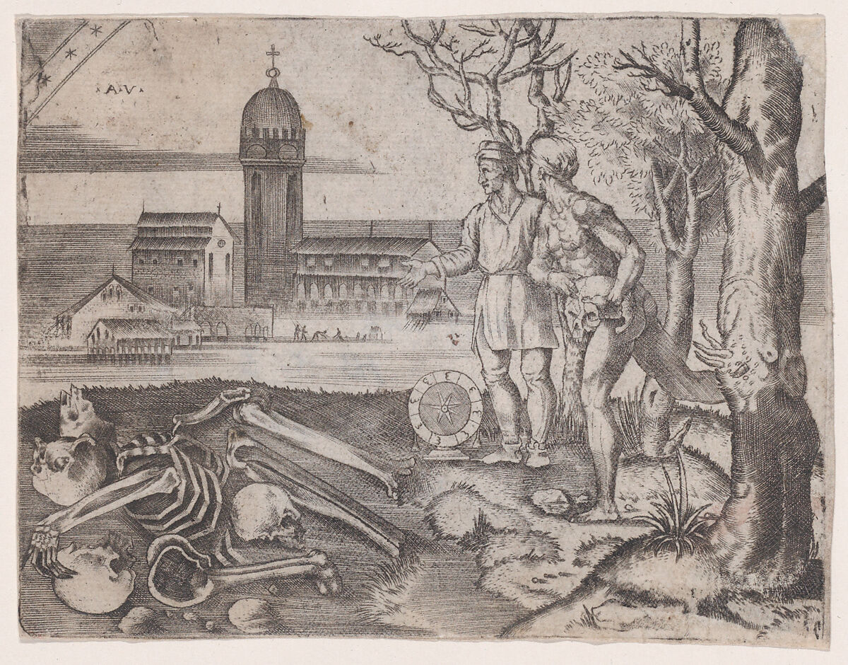 Two Men at a Cemetery, Agostino Veneziano (Agostino dei Musi) (Italian, Venice ca. 1490–after 1536 Rome), Engraving 