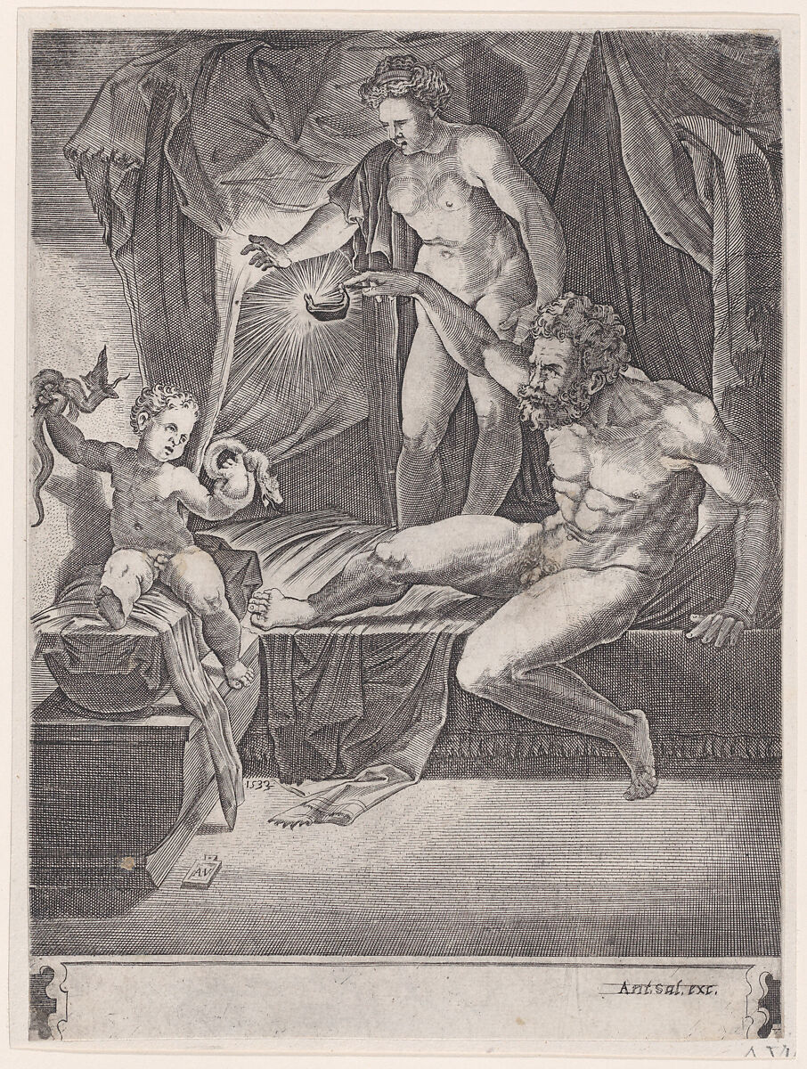 The Young Hercules in His Cradle, Agostino Veneziano (Agostino dei Musi) (Italian, Venice ca. 1490–after 1536 Rome), Engraving 