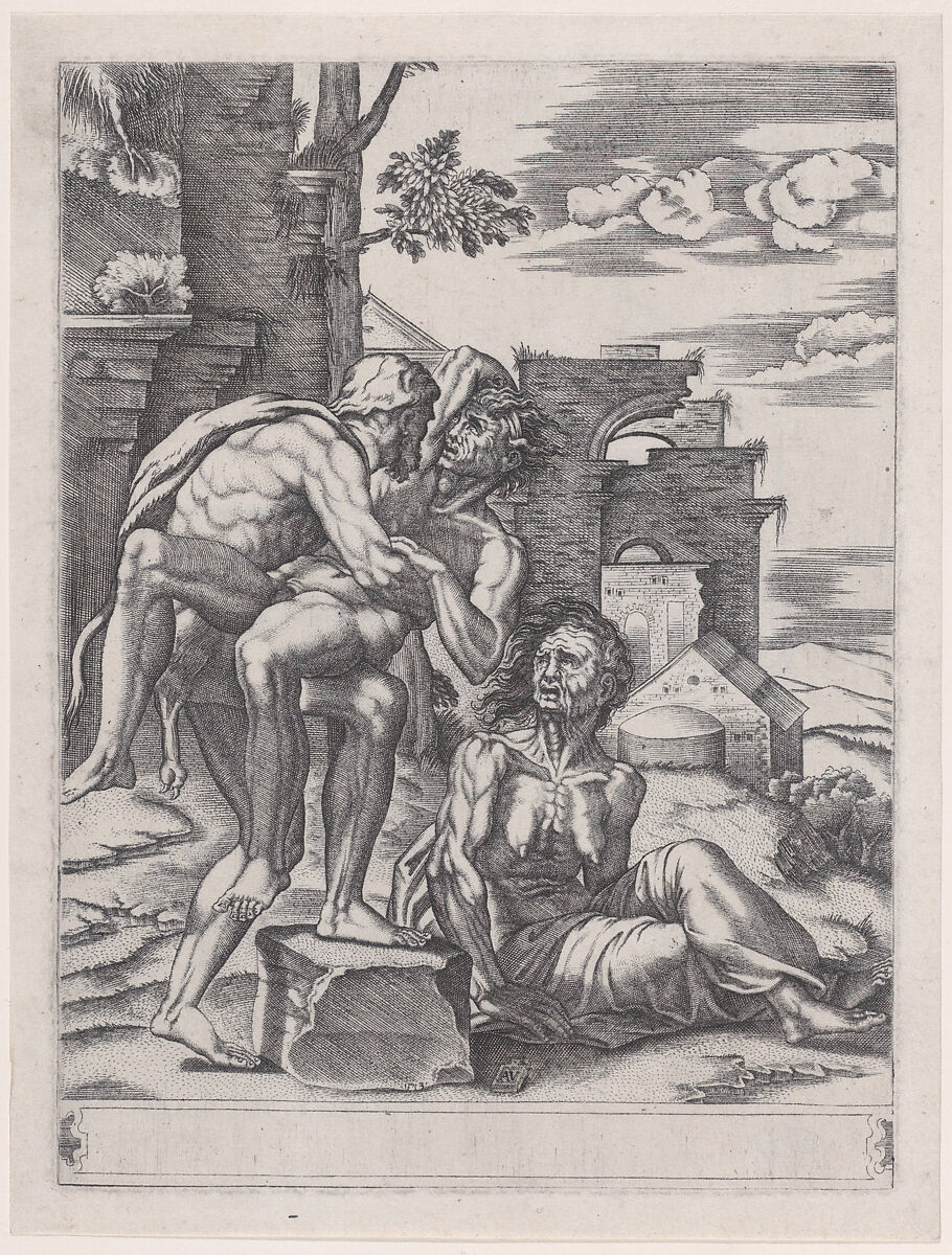 Hercules and Antaeus, Agostino Veneziano (Agostino dei Musi) (Italian, Venice ca. 1490–after 1536 Rome), Engraving 