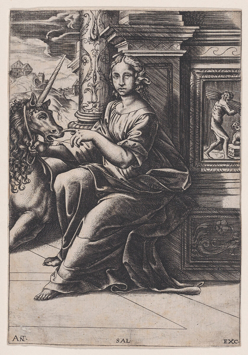 Chastity, a woman seated, a unicorn to her right, Agostino Veneziano (Agostino dei Musi) (Italian, Venice ca. 1490–after 1536 Rome), Engraving 
