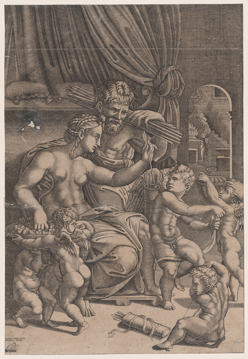 Venus and Vulcan Surrounded by Cupids, Agostino Veneziano (Agostino dei Musi) (Italian, Venice ca. 1490–after 1536 Rome), Engraving 