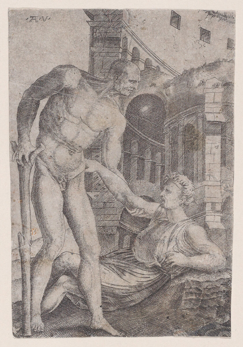A Man Helping Another to His Feet, Agostino Veneziano (Agostino dei Musi) (Italian, Venice ca. 1490–after 1536 Rome), Engraving 