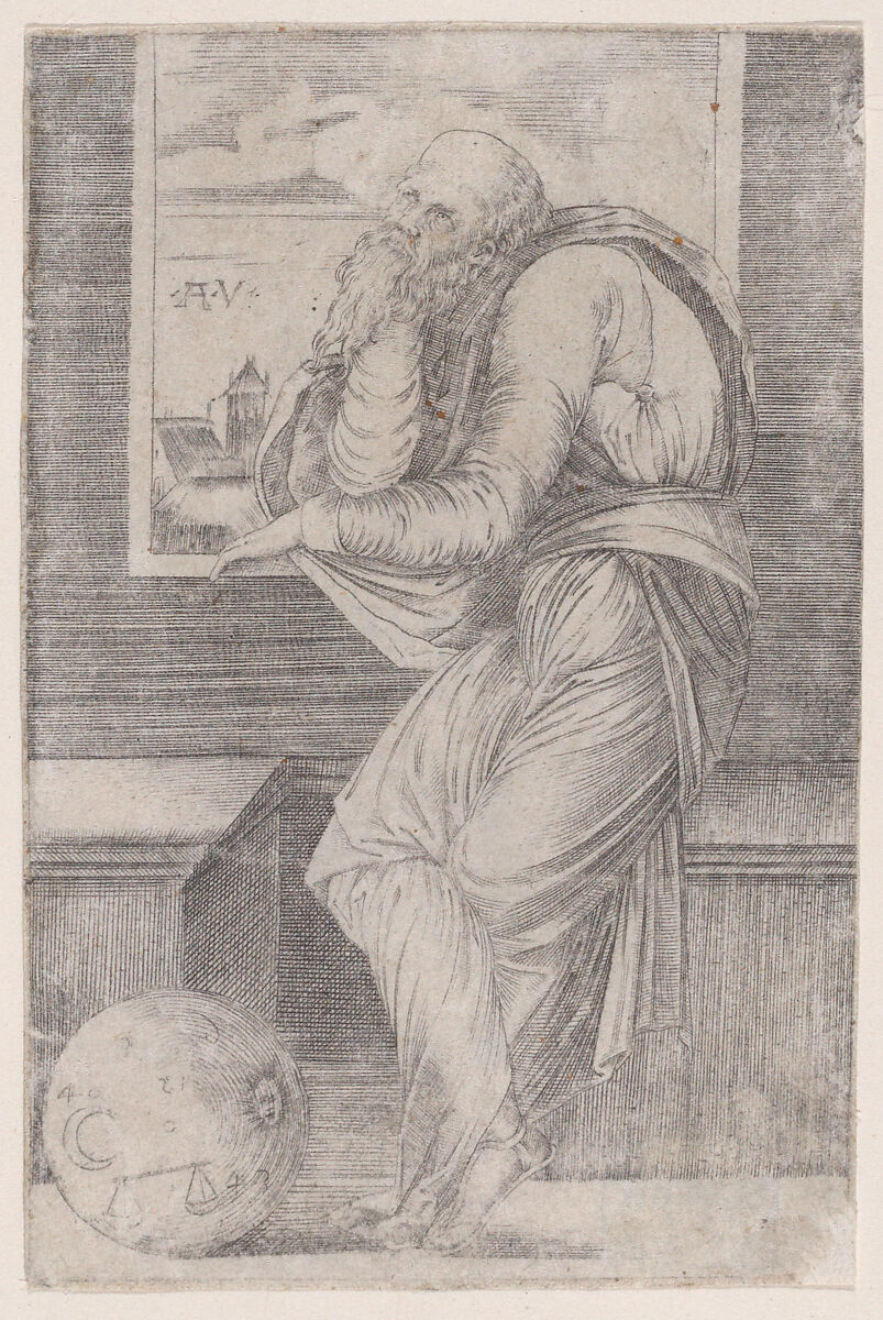 Philoshopher Seated near a Window, Agostino Veneziano (Agostino dei Musi) (Italian, Venice ca. 1490–after 1536 Rome), Engraving 